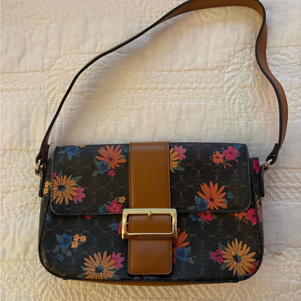 Leather-Trim Floral Shoulder Bag in Black and Brown